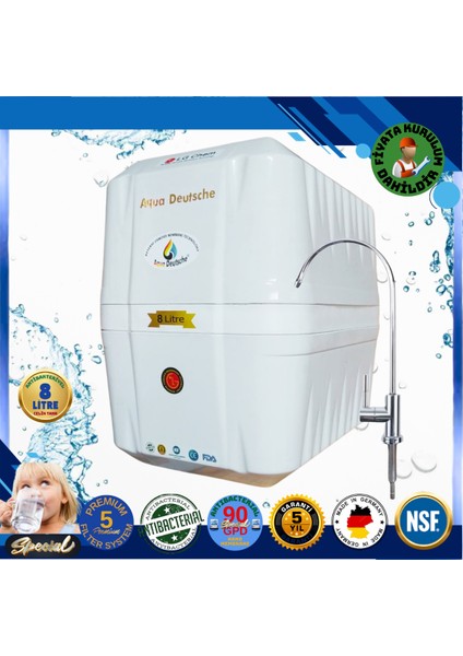 Montaj Dahil Specıal 8 Litre Antibakteriyel Çelik Tanklı 90 Gpd Nano Membranlı Gümüş Iyon Kompozit Tatlandırıcılı Su Arıtma Cihazı
