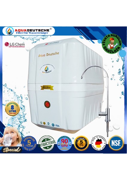 Montaj Dahil Specıal 8 Litre Antibakteriyel Çelik Tanklı 90 Gpd Nano Membranlı Gümüş Iyon Kompozit Tatlandırıcılı Su Arıtma Cihazı
