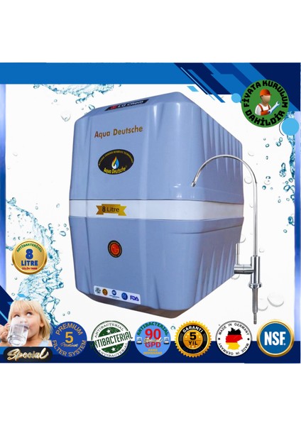 Montaj Dahil Specıal 8 Litre Antibakteriyel Çelik Tanklı 90 Gpd Nano Membranlı Gümüş Iyon Kompozit Tatlandırıcılı Su Arıtma Cihazı