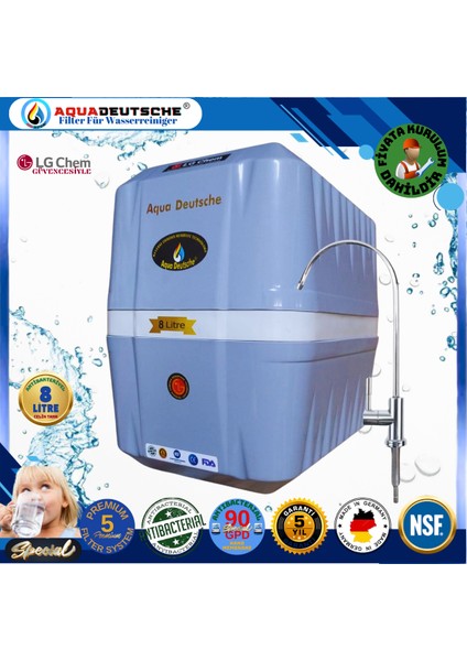 Montaj Dahil Specıal 8 Litre Antibakteriyel Çelik Tanklı 90 Gpd Nano Membranlı Gümüş Iyon Kompozit Tatlandırıcılı Su Arıtma Cihazı