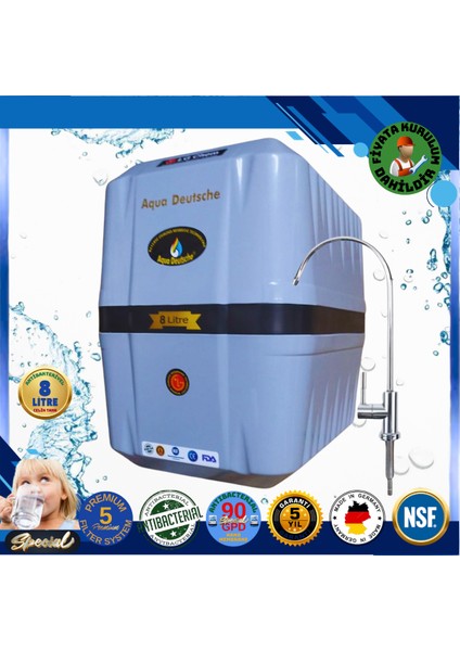 Montaj Dahil Specıal 8 Litre Antibakteriyel Çelik Tanklı 90 Gpd Nano Membranlı Gümüş Iyon Kompozit Tatlandırıcılı Su Arıtma Cihazı