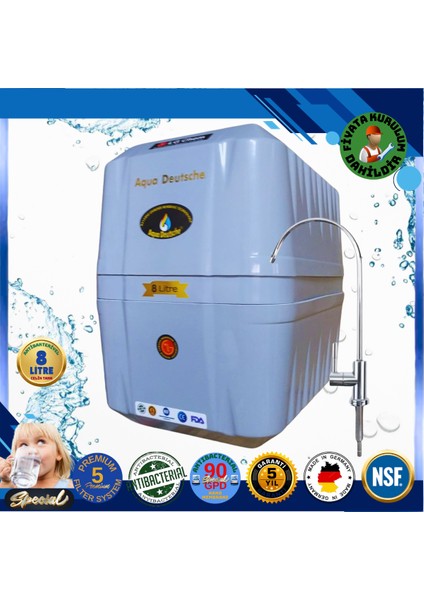 Montaj Dahil Specıal 8 Litre Antibakteriyel Çelik Tanklı 90 Gpd Nano Membranlı Gümüş Iyon Kompozit Tatlandırıcılı Su Arıtma Cihazı
