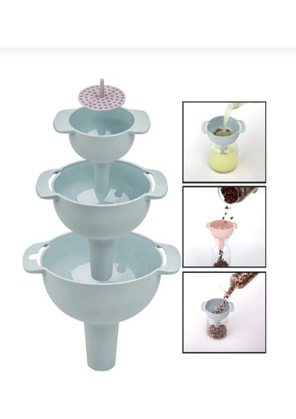 I 3’lü Plastik Süzgeçli Huni Seti – Gıda Dolumu Için Pratik Mutfak Hunisi – Farklı Boylarda