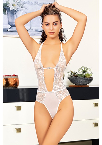 Beyaz Taşlı Bodysuit - 889