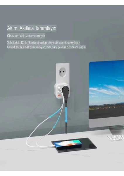 AC-115 2500W 3.4A 2usb 1type-C 1soket Akım Korumalı Şarj Adaptörü Priz Çoğaltıcı