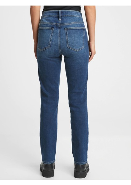 Kadın Koyu Mavi Mid Rise Straight Leg Jean Pantolon