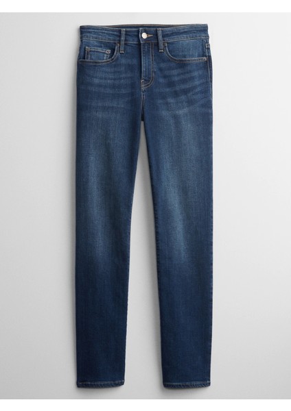 Kadın Koyu Mavi Mid Rise Straight Leg Jean Pantolon