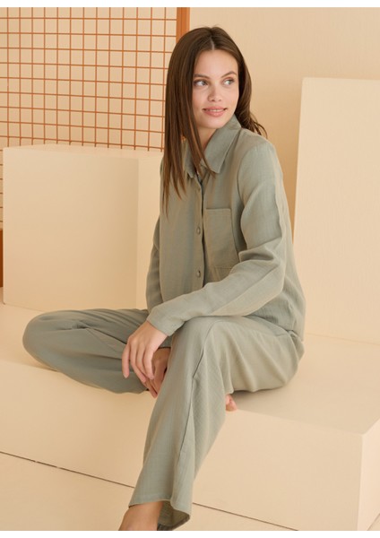 Nbb 68084 Önden Düğmeli Pijama Takım - Yeşil - Müslin Kumaş
