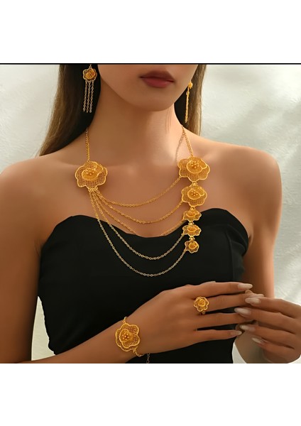 5 Parça 18 Ayar Altın Kaplama Takı Seti - Lüks Ince Boş Tassel ve Çiçek Tasarımları, Düğünler, Partiler ve Şenlik Günleri Için Mükemmel modelleri
