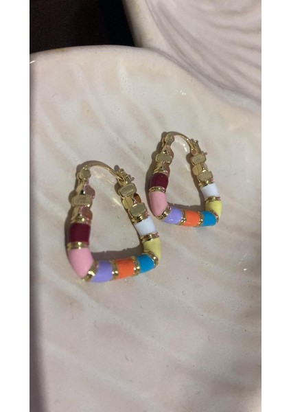 Küpe Renklı Mıneli Kare Şeklinde Gold Renk Şık Halka Küpe Şık Renklerle