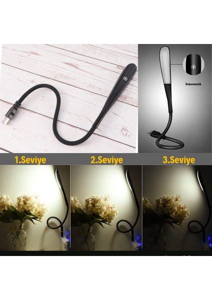 USB Girişli 14 Ledli 3 Kademeli Dokunmatik Masa/kitap Okuma Lambası Ledi Siyah (47 - AGT4344-6240