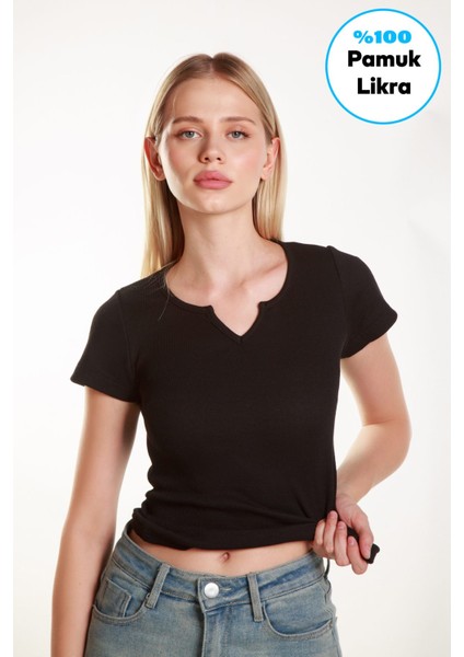 Kadın Fitted Basic Fitilli Likralı V Yaka Kollu Tshirt Atlet Bluz