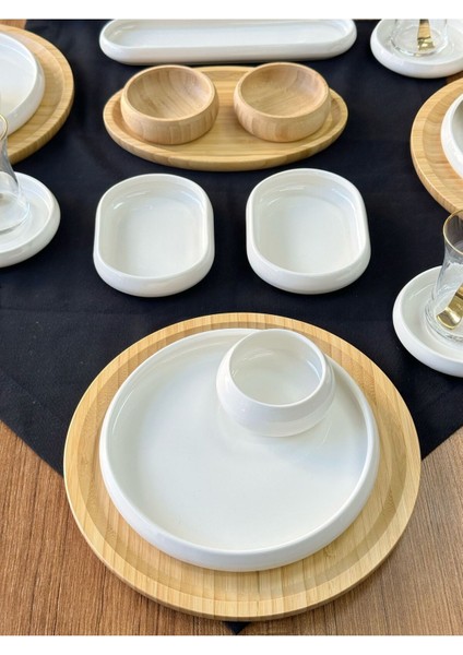 Kahvaltı Takımı 60 Parça 6 Kişilik Yuvarlak Bambu&beyaz