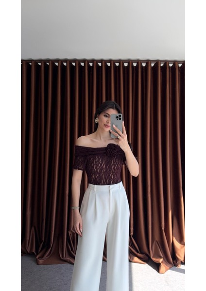 Güllü Transparan Bordo Bluz