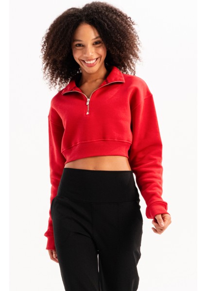 Crop Dik Yaka Yarı Fermuarlı Şardonlu Kadın Sweatshirt Vibe Kırmızı