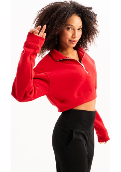 Crop Dik Yaka Yarı Fermuarlı Şardonlu Kadın Sweatshirt Vibe Kırmızı fiyatları
