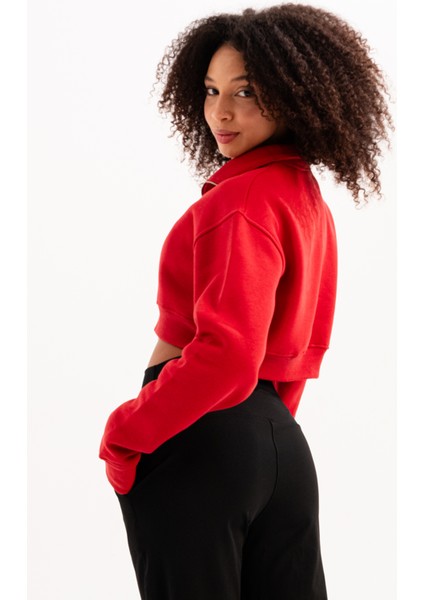 Crop Dik Yaka Yarı Fermuarlı Şardonlu Kadın Sweatshirt Vibe Kırmızı indirimleri
