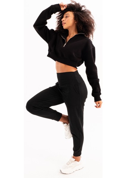Crop Dik Yaka Yarı Fermuarlı Şardonlu Kadın Sweatshirt Vibe Siyah fiyatları