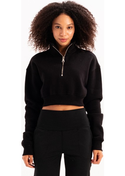 Crop Dik Yaka Yarı Fermuarlı Şardonlu Kadın Sweatshirt Vibe Siyah modelleri
