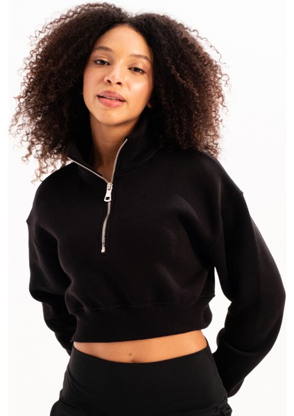 Crop Dik Yaka Yarı Fermuarlı Şardonlu Kadın Sweatshirt Vibe Siyah fırsatları