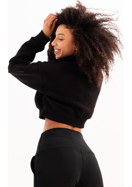 Crop Dik Yaka Yarı Fermuarlı Şardonlu Kadın Sweatshirt Vibe Siyah indirimleri