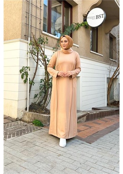 Ikili Uzun Nevrül Detaylı Boğazlı Sade Basic Uzun Büyük Beden Spor Elbise - 12027 - Bej