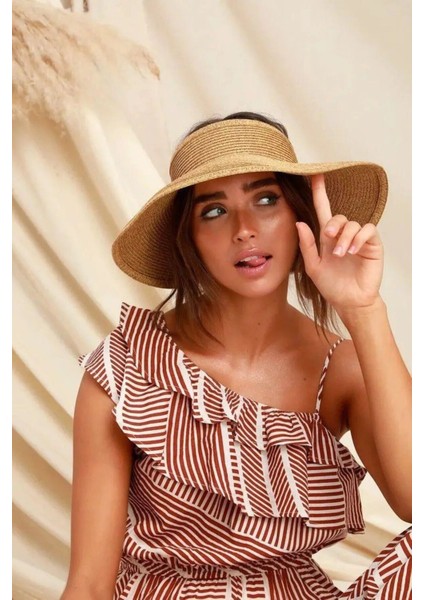 Üstü Açık Fiyonklu Katlanabilir Hasır Vizör Şapka Camel Camel