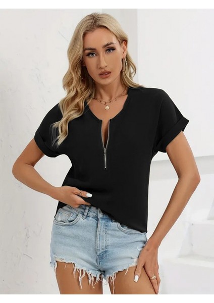 Kadın Kısa Kollu V Yaka Fermuarlı Salaş Sandy Bluz fiyatları