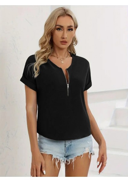 Kadın Kısa Kollu V Yaka Fermuarlı Salaş Sandy Bluz fırsatları