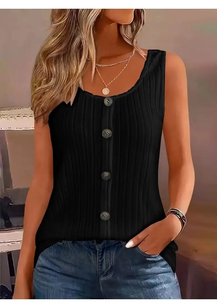 Kadın Askılı Yuvarlak Yaka Önden Düğmeli Kalın Fitilli Kaşkorse Bluz