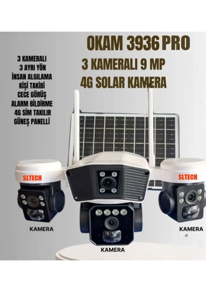 O-Kam 3936PRO 3 Kameralı 2025 Yeni Nesil Yapay Zeka 9 Mp Solar Panelli 4g Sim Kartlı Kamera