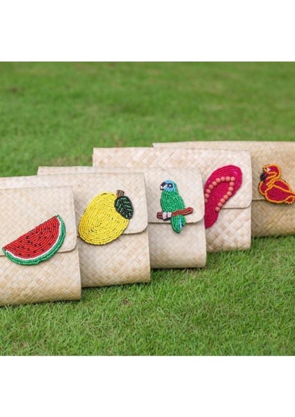 Flamingo Applique Clutch El Yapımı Hasır El Çantası