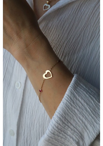 14 Ayar Altın Renkli Taş Detaylı Kalp Bileklik - Genola X Özge Ulusoy modelleri