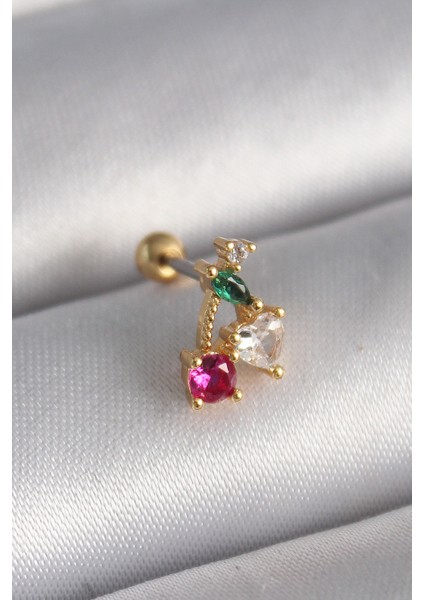 316L Çelik Gold Renk Zirkon Taşlı Kiraz Tragus Piercing - TJ-PR1226