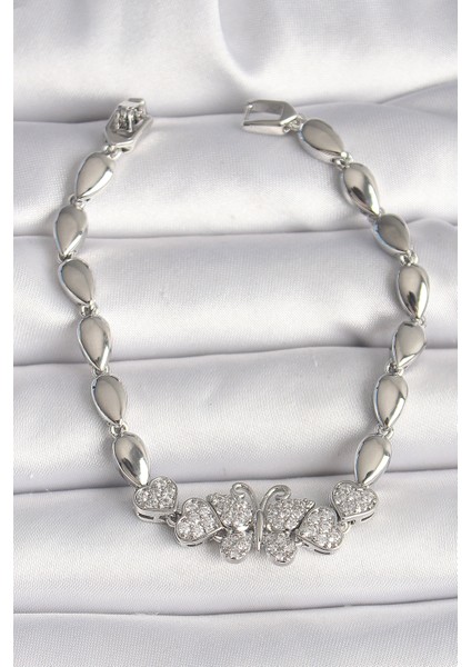 Pirinç Gümüş Renk Zirkon Taşlı Kelebek Figür Damla Zincir Model Kadın Bileklik - TJ-BB6841
