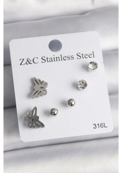 316L Çelik Gümüş Renk Zirkon Taşlı Kelebek Model Kadın Küpe Seti - TJ-BKP10008