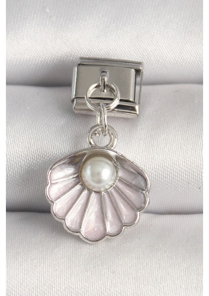 316L Çelik Gümüş Renk Pembe Deniz Kabuğu Model Inci Detay Nomination Charm - TJ-BC1253