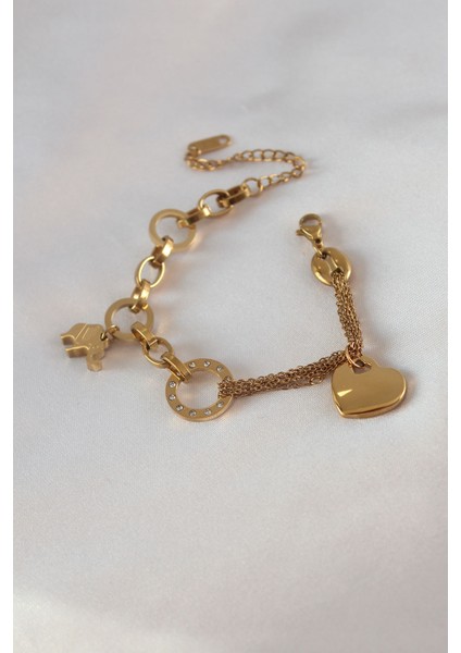 316L Çelik Gold Renk 2'li Zincir Model Zirkon Taş Detay Kadın Bileklik - TJ-BB5457