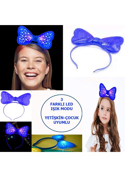 LED Işıklı & Pilli 3 Farklı Modda Yanan Yıldızlı Fiyonk Parti Tacı Mavi Renk 19 x 15 cm