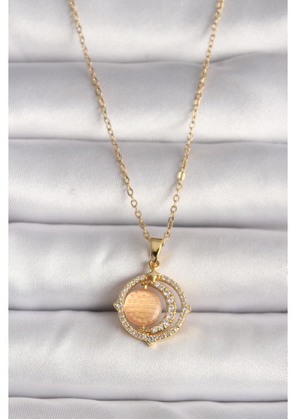 316L Çelik Gold Renk Zirkon Taşlı Turuncu Sedefli Hilal Model Kadın Kolye - TJ-BKO9704
