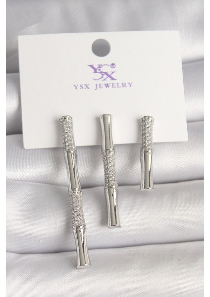 Pirinç Gümüş Renk Zirkon Taşlı Bambu Model 3'lü Kadın Kombin Küpe - TJ-BKP10462