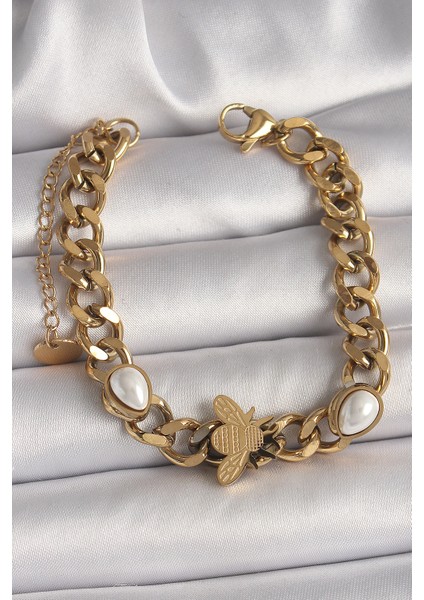 316L Çelik Gold Renk Kalın Zincir Model Arı Figür Damla Inci Detay Kadın Bileklik - TJ-BB6782