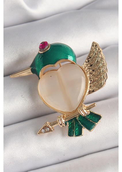 Pirinç Gold Renk Beyaz Mineli Kalp Yeşil Sinek Kuşu Model Pembe Zirkon Taş Detay Kadın Broş - TJ-BR419