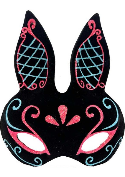 Siyah Renk Mavi Kırmızı Simli Siyah Süet Kaplama Tavşan Maskesi 18 x 16 cm