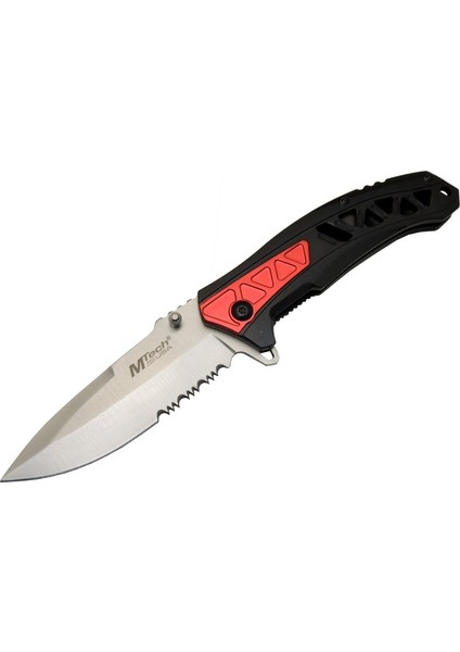 4192 Kırmızı Kamp Çakı 21CM - Yarı Otomatik, Testere Detaylı, Desenli Sap