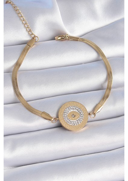 316L Çelik Gold Renk Italyan Zincir Zirkon Taşlı Göz Işlemeli Madalyon Model Kadın Bileklik - TJ-BB6445