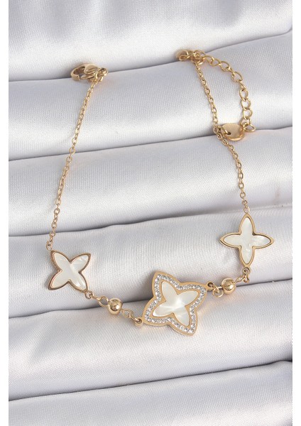316L Çelik Gold Renk Beyaz Mineli Çiçek Model Zirkon Taş Detay Kadın Bileklik - TJ-BB6950