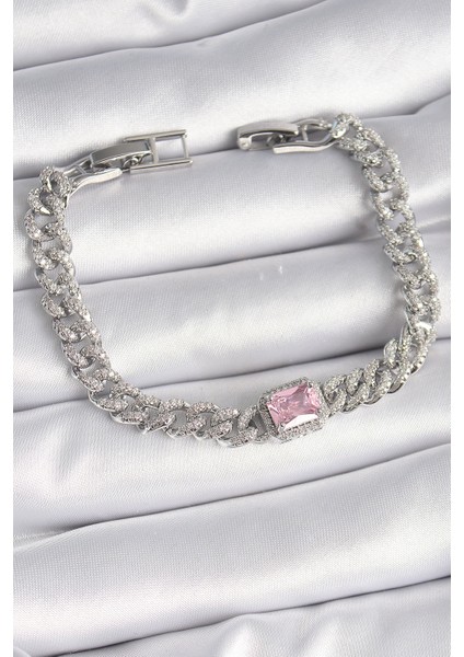 Pirinç Gümüş Renk Pembe Kare Zirkon Taşlı Vıp Seri Kadın Bileklik - TJ-BB6489