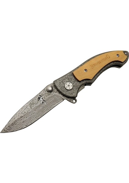 Browning 2-31 Damascus Kamp Çakı 19,5cm - Yarı Otomatik, Ahşap; Metal Sap