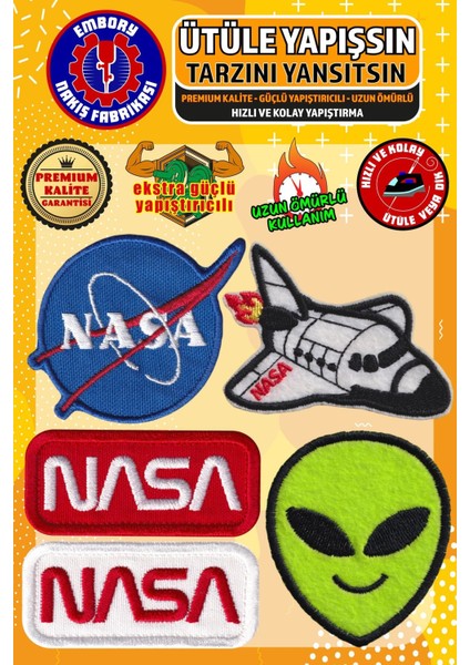 Ütü ile Yapışan Arma Yama, Nasa Uzay Seti (5 Adet) Ütüyle Yapışan Nakış Dokuma Aplike Patch